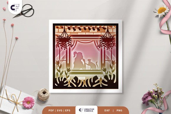 Girl and Cat in Floral Window 3D SVG for Animals