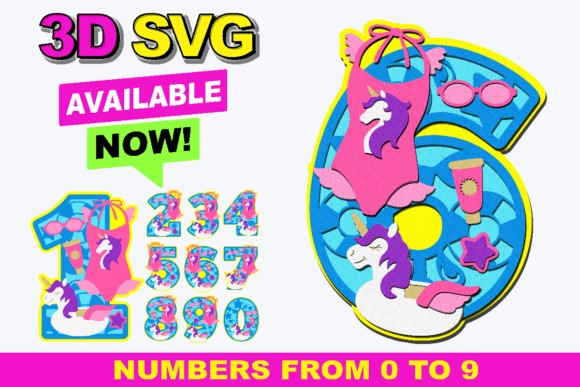 Unicorn Swimsuit Numbers 3D SVG for Crafts & Graphics